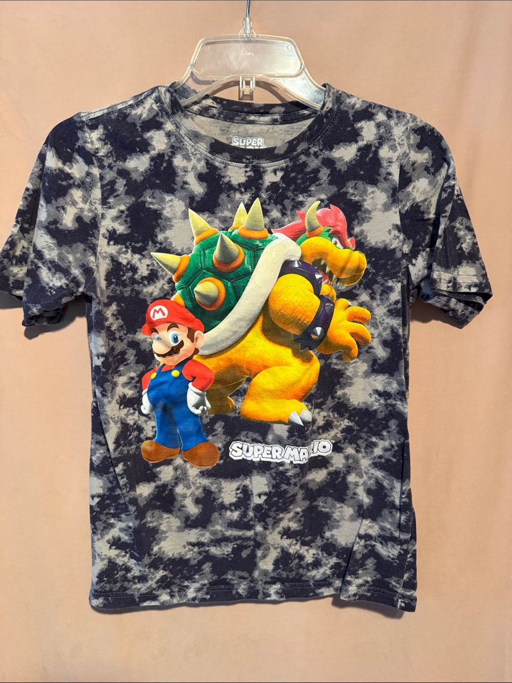 Nintendo Black & Gray Tie-Dye Tee with Mario and Bowser Graphic